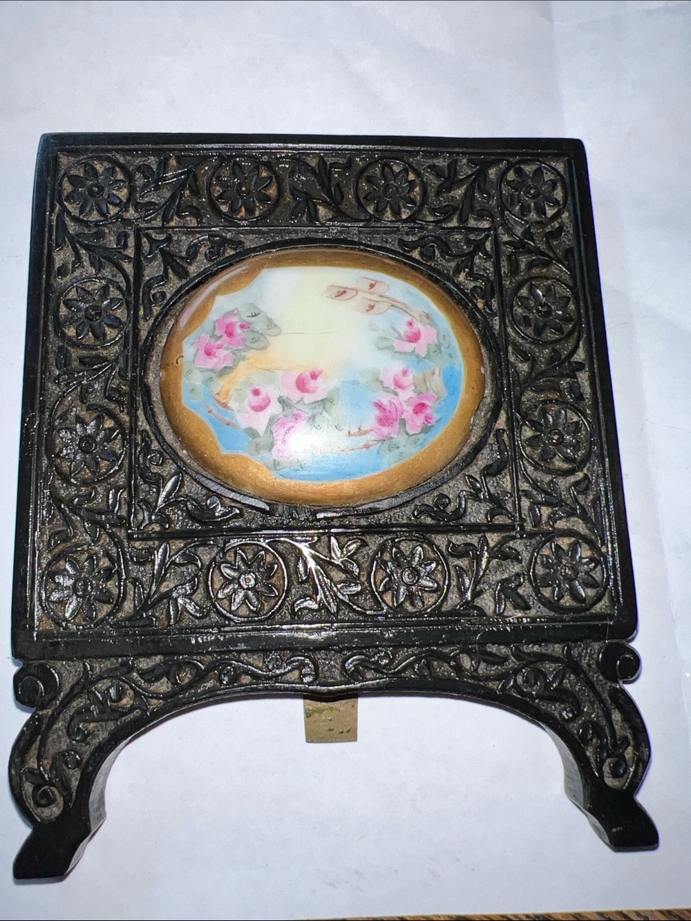 Antique carved ebony wood framed miniature painting Indian export